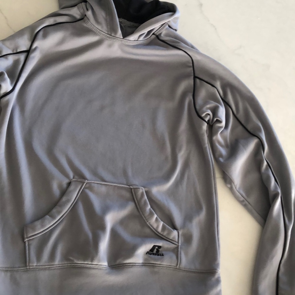 Grey Russelll pullover sweatshirt.